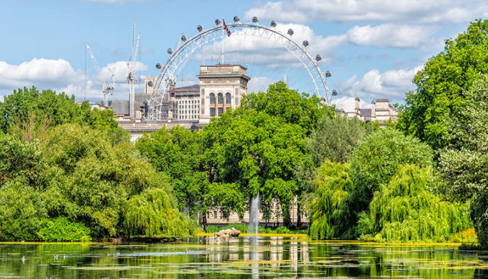 London Eye cityscape view building with St James Park green lake pond